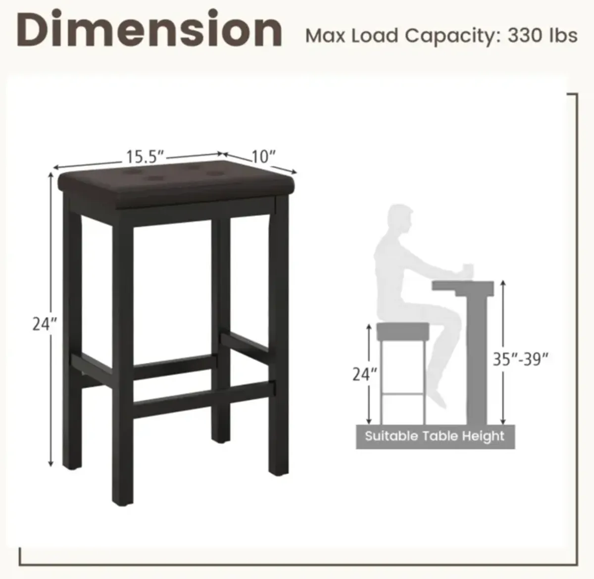 Hivvago 24" Bar Stools with Padded Seat Footrest and Rubber Wood Frame