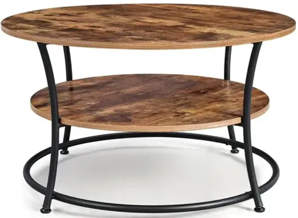 Hivvago Industrial Rustic Brown Round Coffee Table with Shelf