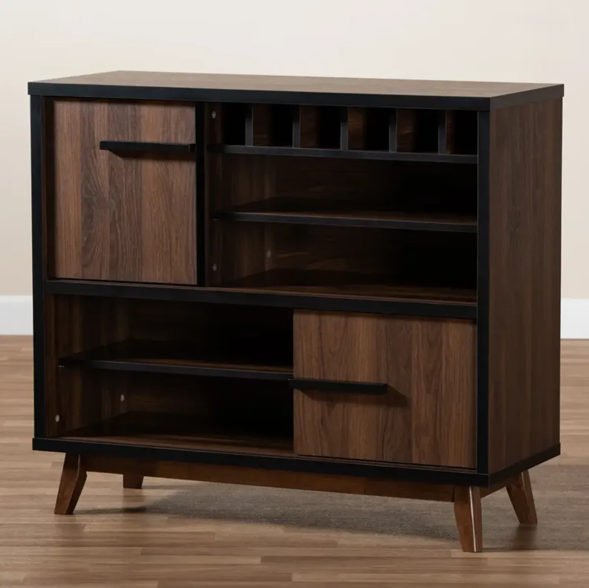 Baxton Studio Margo  Two Tone Walnut Brown and Black Finished Wood Wine Storage Cabinet