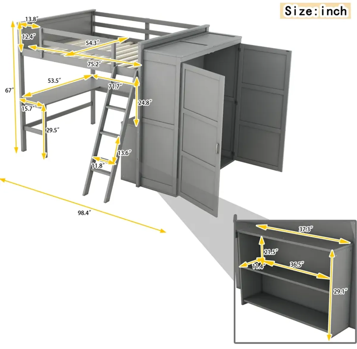 Full Size Loft Bed With Desk, Shelves And Wardrobe