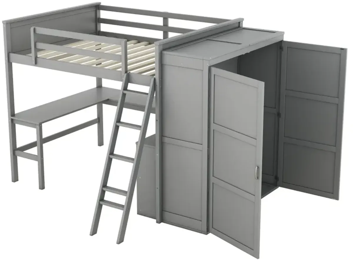 Full Size Loft Bed With Desk, Shelves And Wardrobe