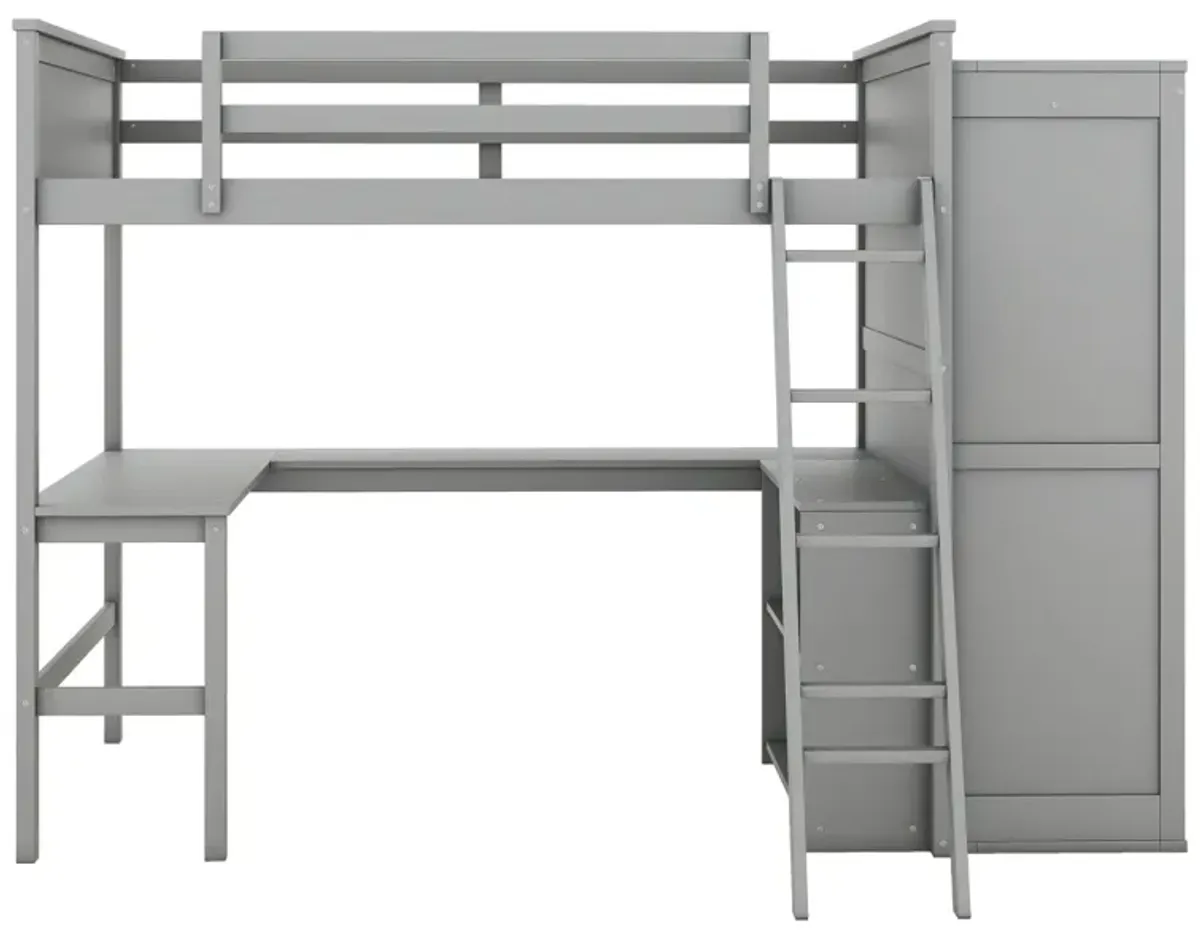 Full Size Loft Bed With Desk, Shelves And Wardrobe