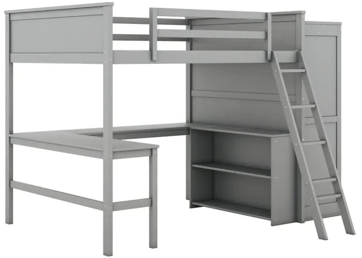 Full Size Loft Bed With Desk, Shelves And Wardrobe