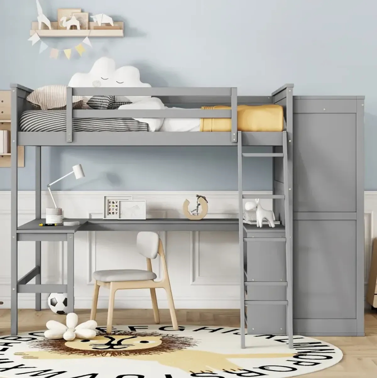 Full Size Loft Bed With Desk, Shelves And Wardrobe