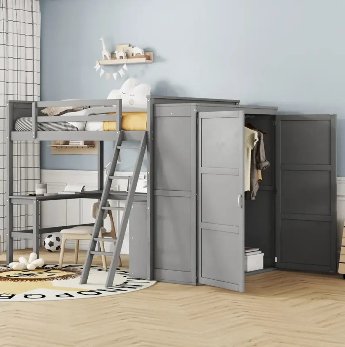 Full Size Loft Bed With Desk, Shelves And Wardrobe