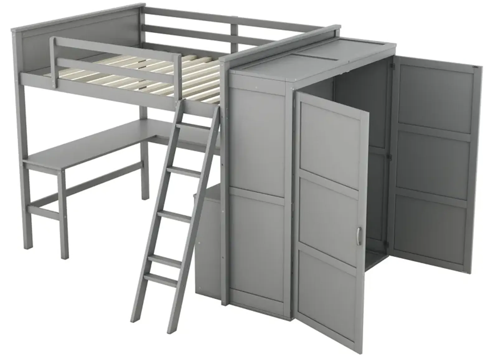 Full Size Loft Bed With Desk, Shelves And Wardrobe