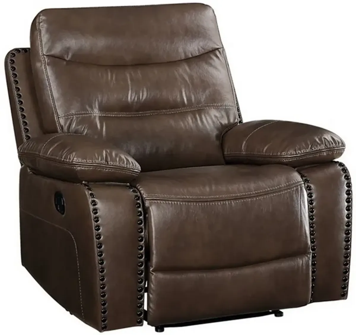 Leatherette Power Recliner with Nailhead Trim Accent, Brown-Benzara