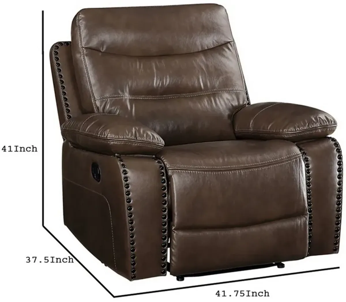 Leatherette Power Recliner with Nailhead Trim Accent, Brown-Benzara