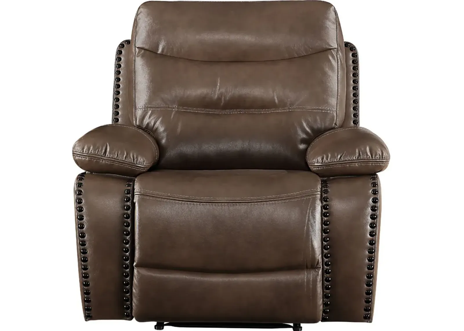 Leatherette Power Recliner with Nailhead Trim Accent, Brown-Benzara