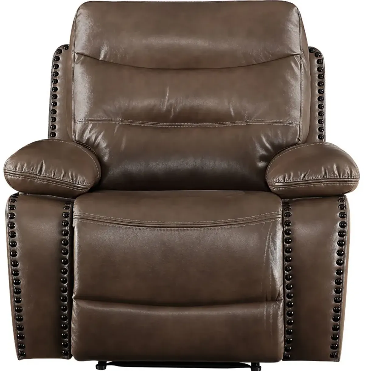 Leatherette Power Recliner with Nailhead Trim Accent, Brown-Benzara