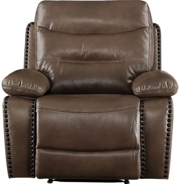 Leatherette Power Recliner with Nailhead Trim Accent, Brown - Benzara