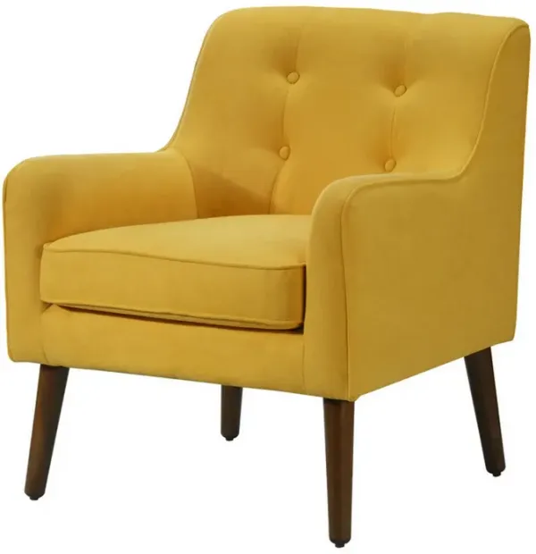Kina 28 Inch Accent Chair, Yellow Fabric, Button Tufted, Angled Wood Legs-Benzara