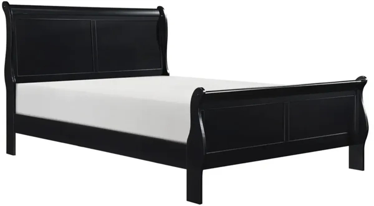 Gage Traditional Queen Size Sleigh Bed, Wood Frame, Bold Jet Black Finish-Benzara