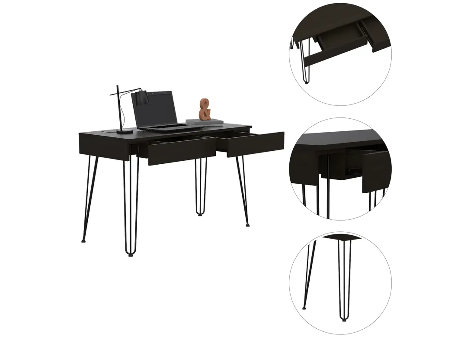 DEPOT E-SHOP Salamanca Writing Desk with 2-Drawers and Hairpin Legs, Black