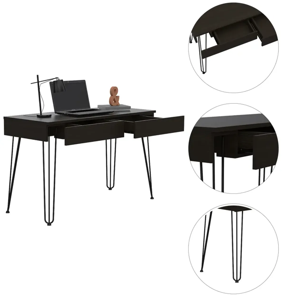 DEPOT E-SHOP Salamanca Writing Desk with 2-Drawers and Hairpin Legs, Black