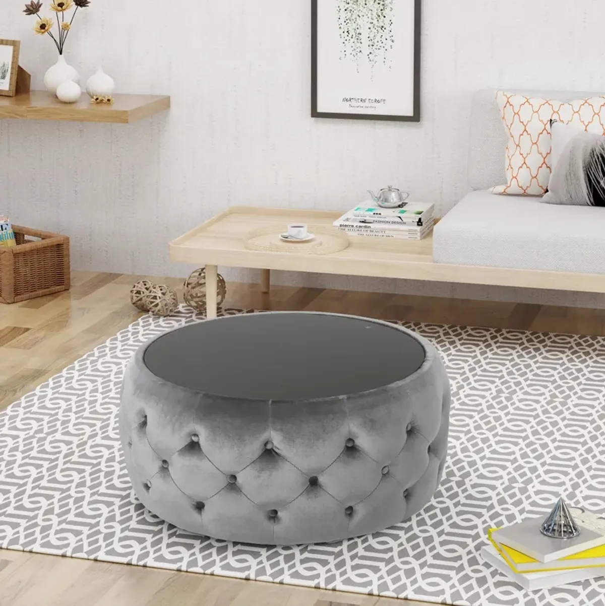 Merax Round Ottoman with Glass Top