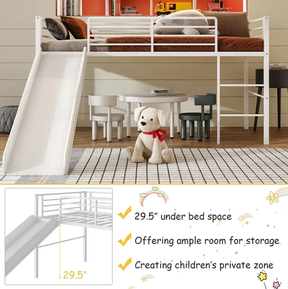 Twin Metal Loft Bed with Slide Safety Guardrails and Built-in Ladder