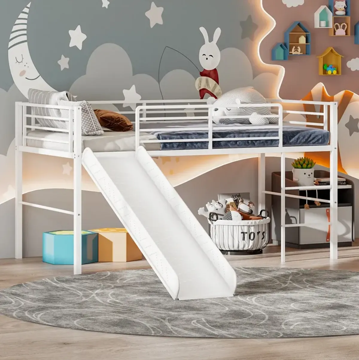 Twin Metal Loft Bed with Slide Safety Guardrails and Built-in Ladder