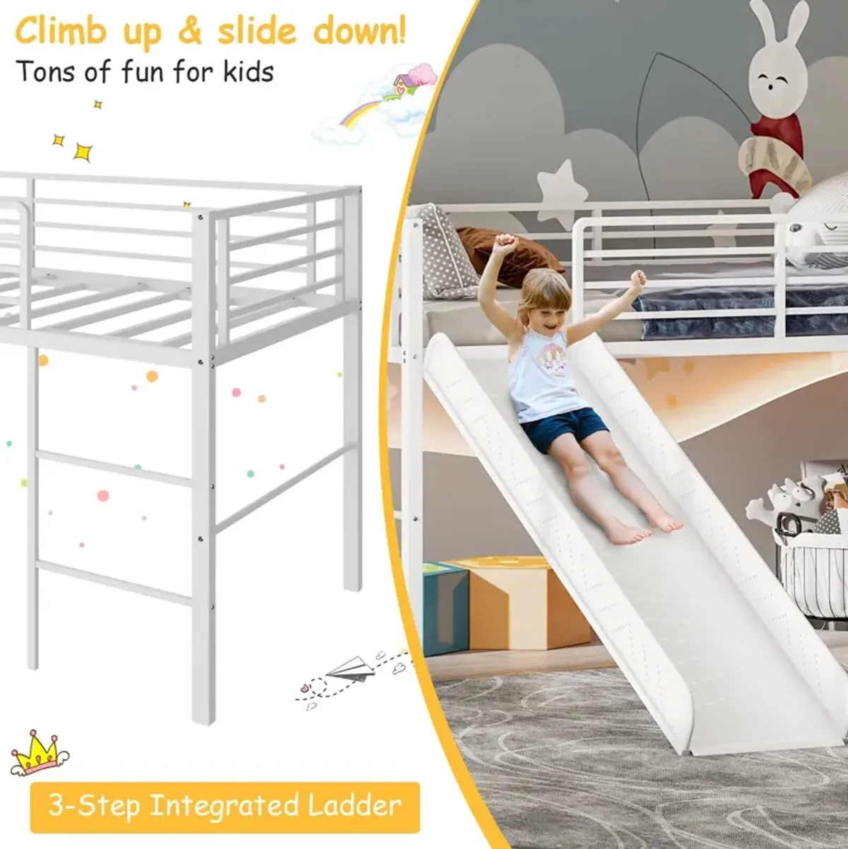 Twin Metal Loft Bed with Slide Safety Guardrails and Built-in Ladder