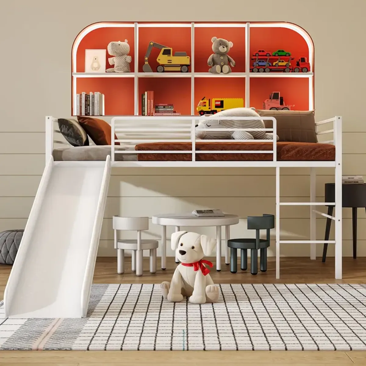 Twin Metal Loft Bed with Slide Safety Guardrails and Built-in Ladder