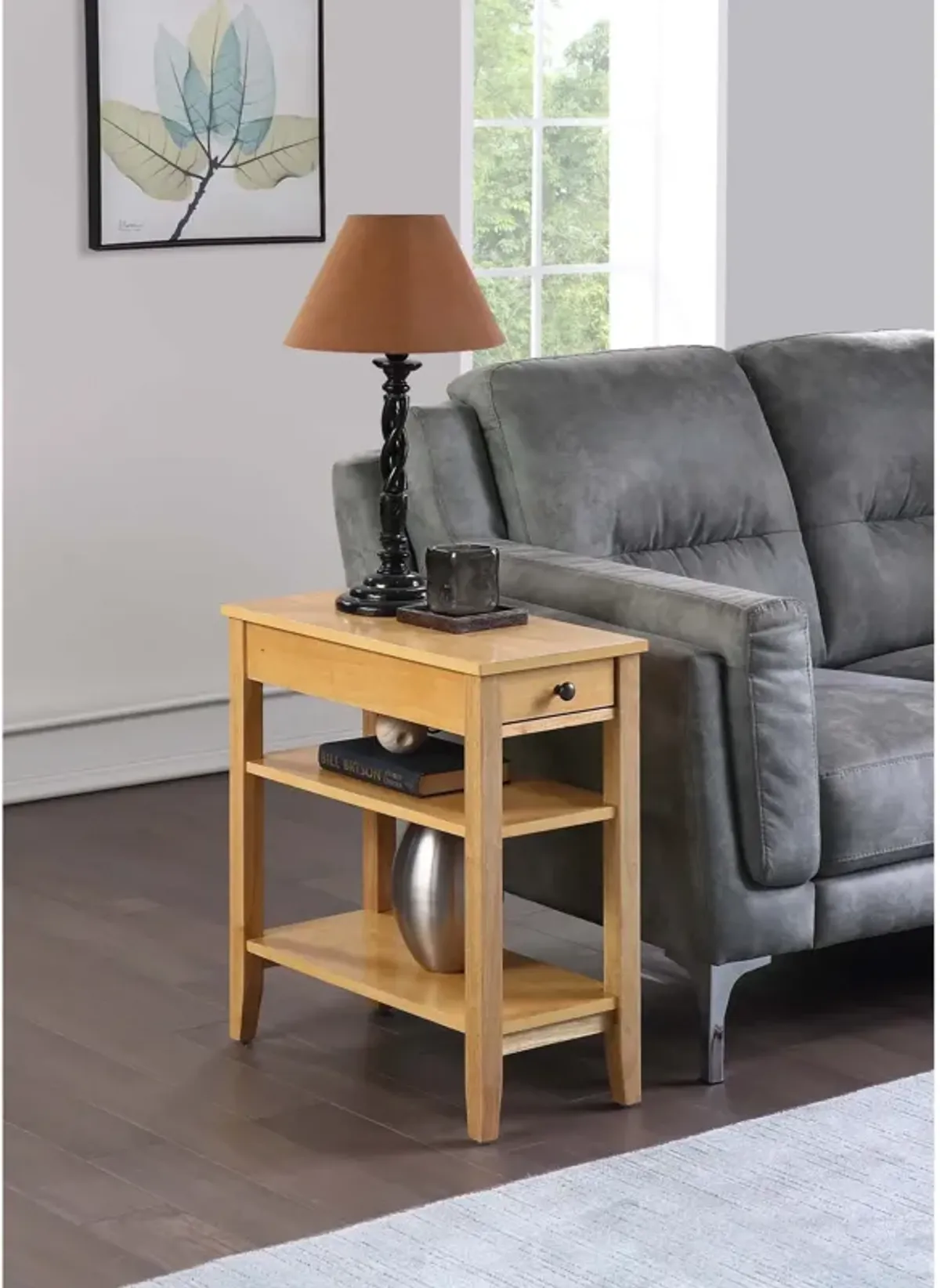 Convenience Concepts American Heritage 1 Drawer Chairside End Table with Shelves, 23.5"L x 11.25"W x 24"H, Natural