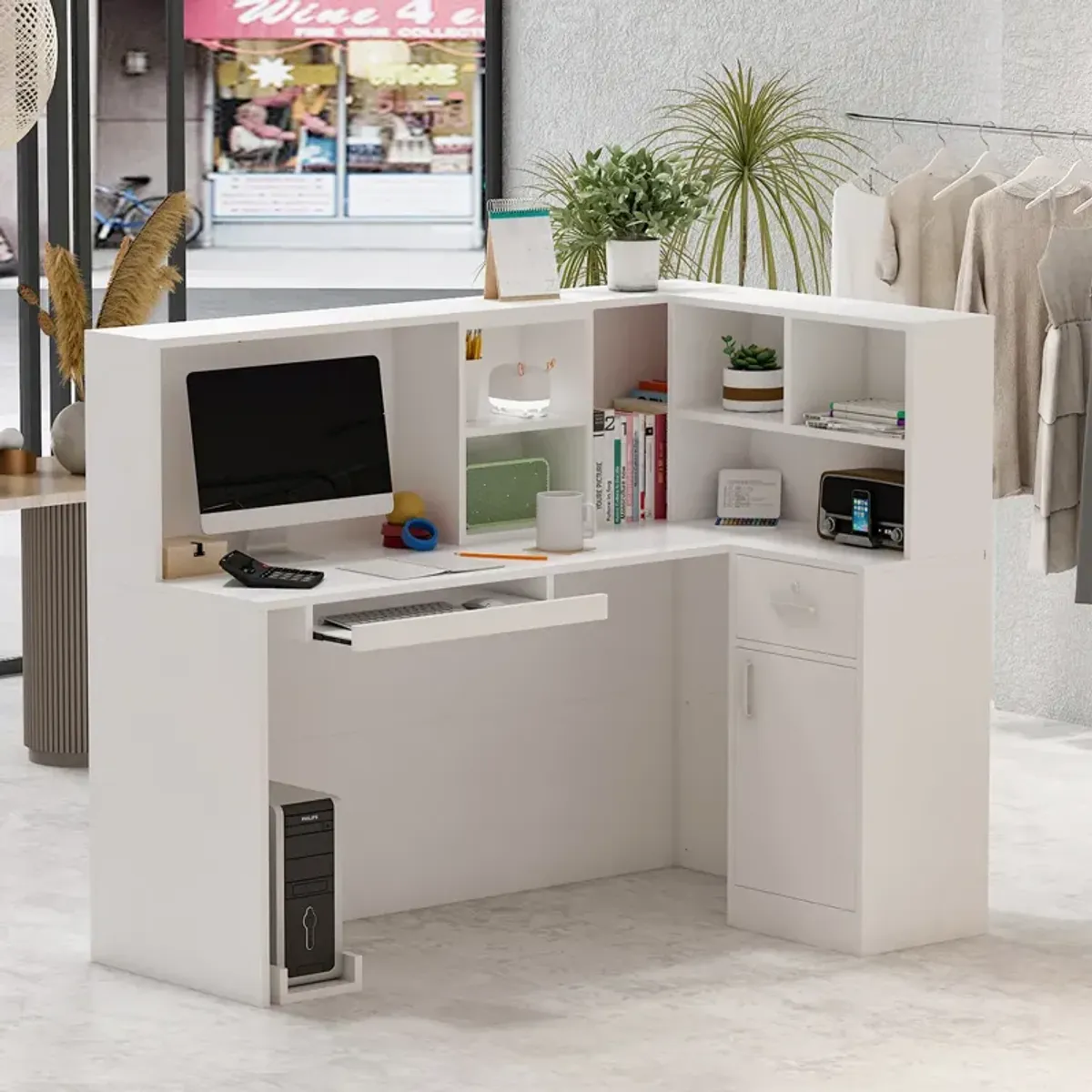 FUFU&GAGA Modern L-Shaped Office Desk with Hutch and Storage (55.9" L x 32.3" W x 48.4" H), Marble