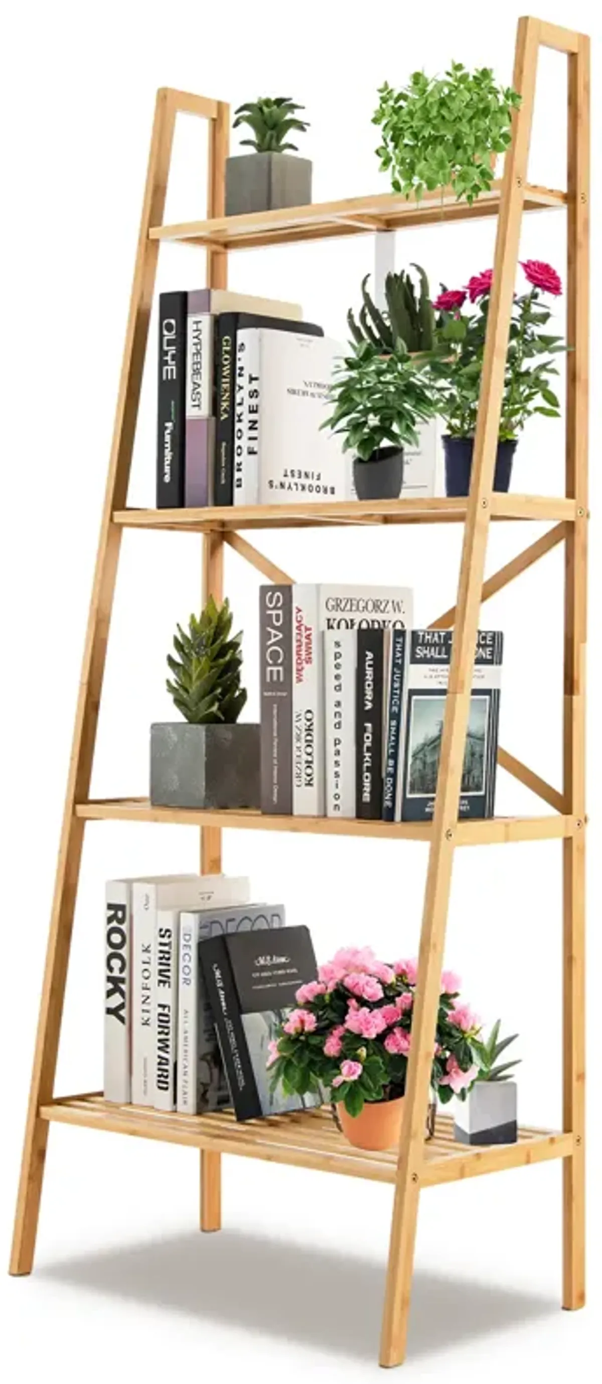 58 Inch 4-Tier Bamboo Ladder Bookshelf-Natural