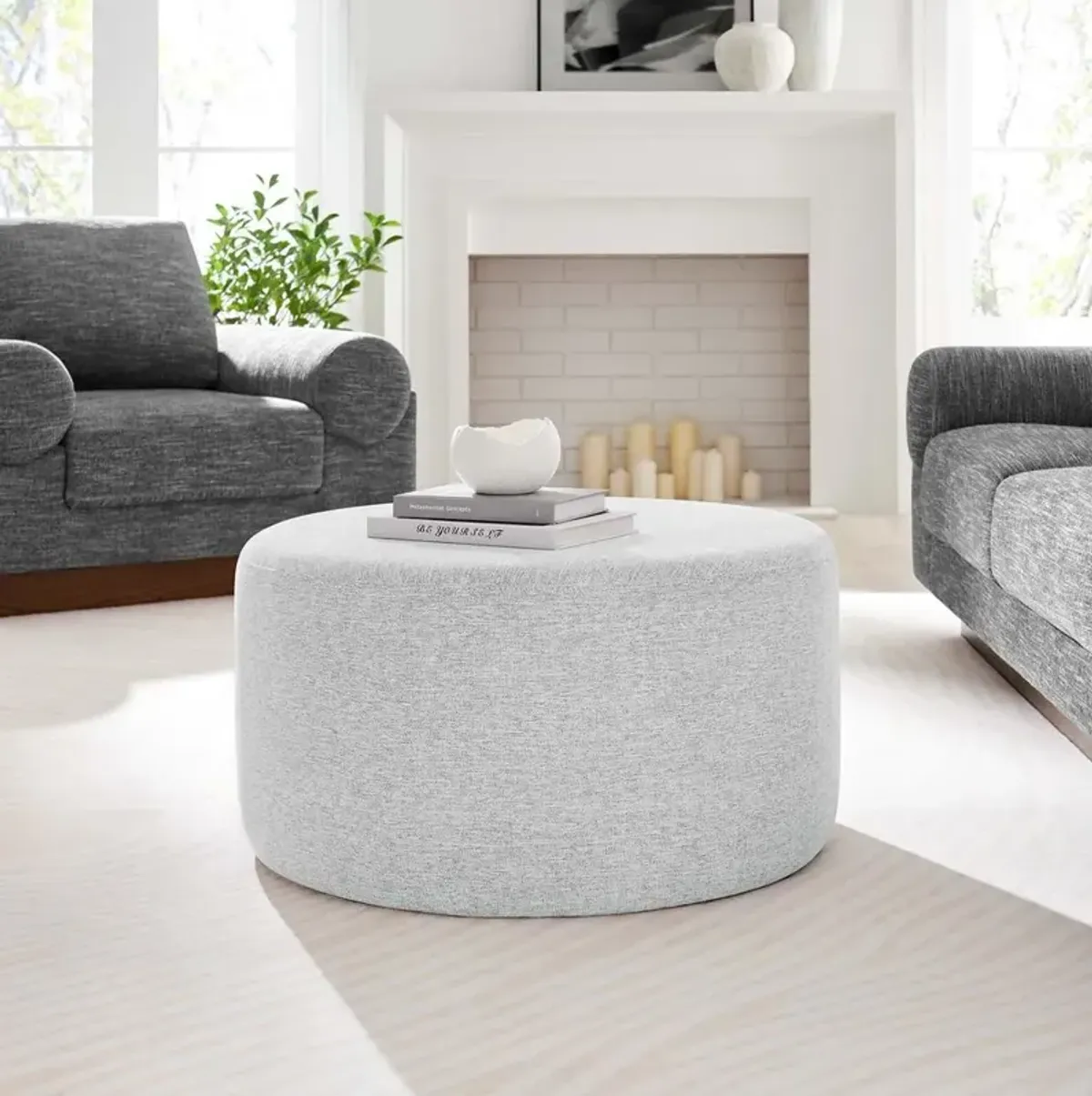 Modway Callum Large 29 Round Woven Heathered Fabric Upholstered Ottoman