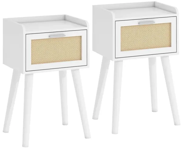 LAATOOREE Nightstand Set of 2, Small White Bedside Table, End Table with Rattan Door, Boho Side Table with Solid Wood Legs for B