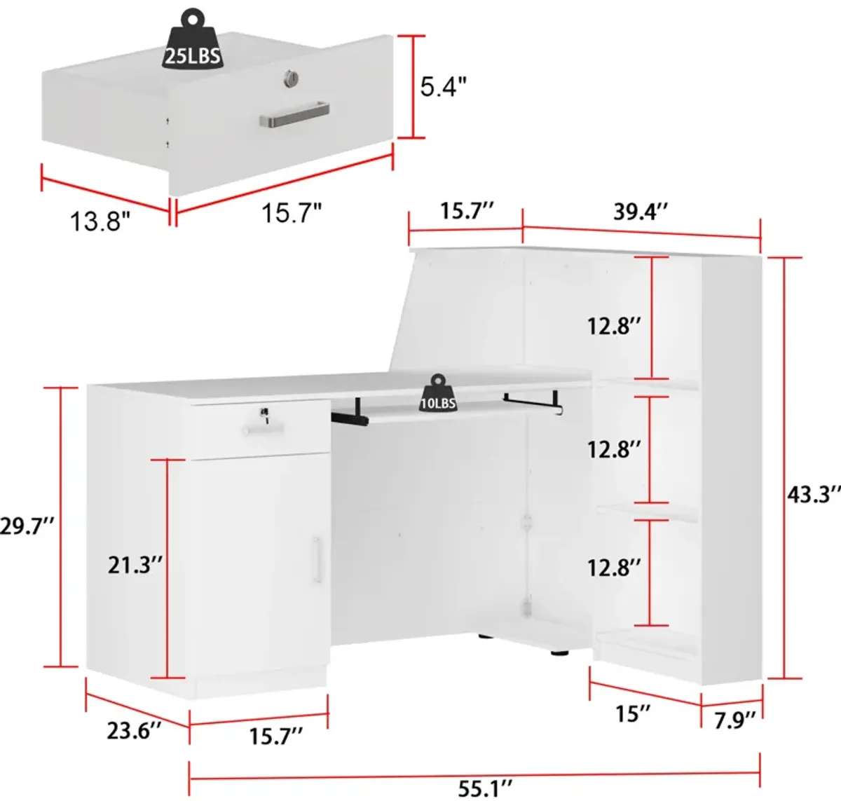 FUFU&GAGA 55.1-in White Modern/Contemporary Reception Desk Hutch Included,White