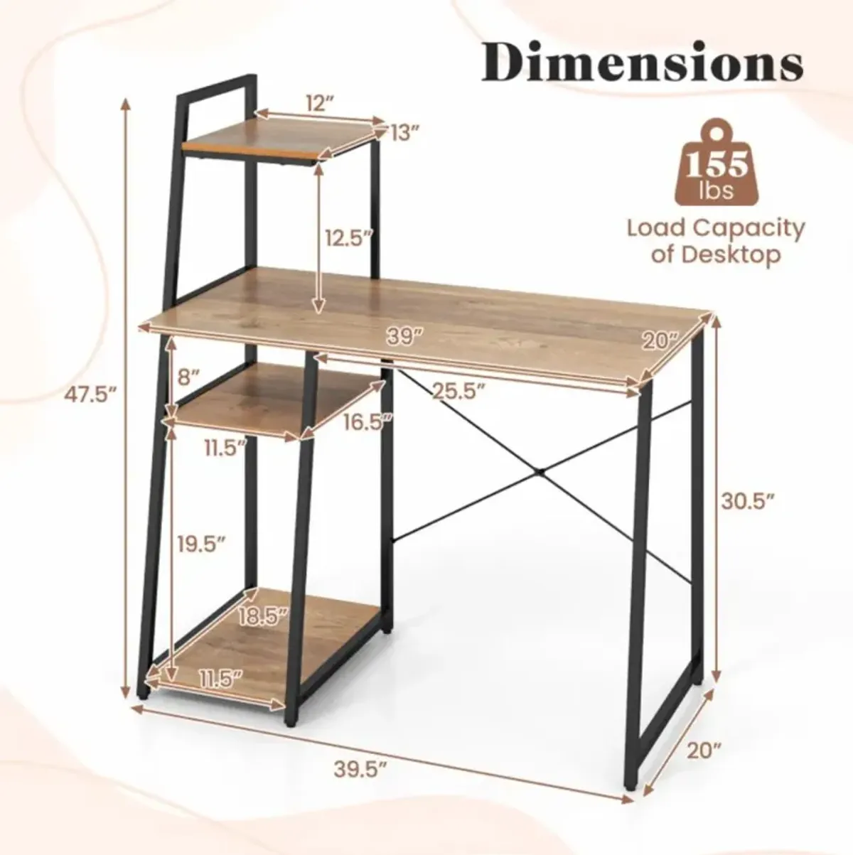 Hivvago Computer Desk with Shelves and 3-Tier Storage Bookshelf