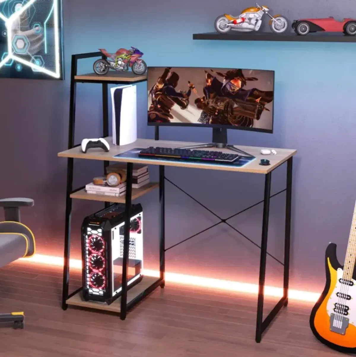 Hivvago Computer Desk with Shelves and 3-Tier Storage Bookshelf