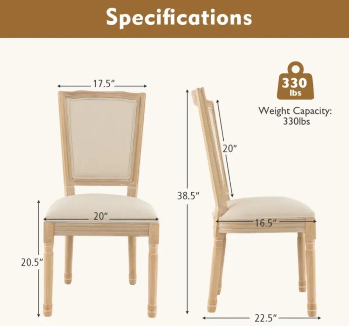 Hivvago French Dining Chair Set of 2 with Rectangular Backrest and Solid Rubber Wood Frame-Beige