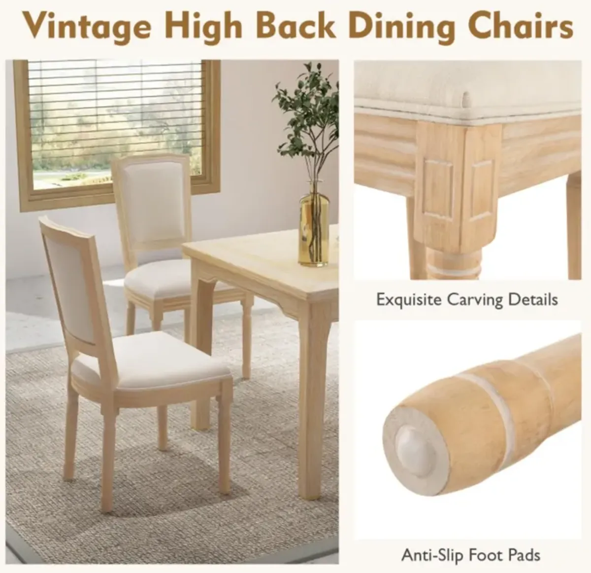 Hivvago French Dining Chair Set of 2 with Rectangular Backrest and Solid Rubber Wood Frame-Beige