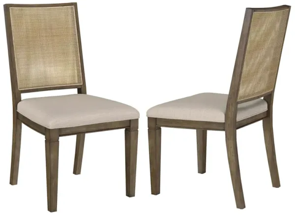 Andy Dining Side Chair Set of 2, Woven Rattan, Gray Fabric, Brown Wood - Benzara
