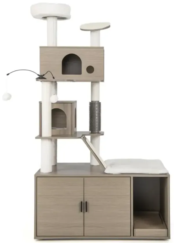Hivvago Cat Tree with Litter Box Enclosure for Indoor Cars-Gray