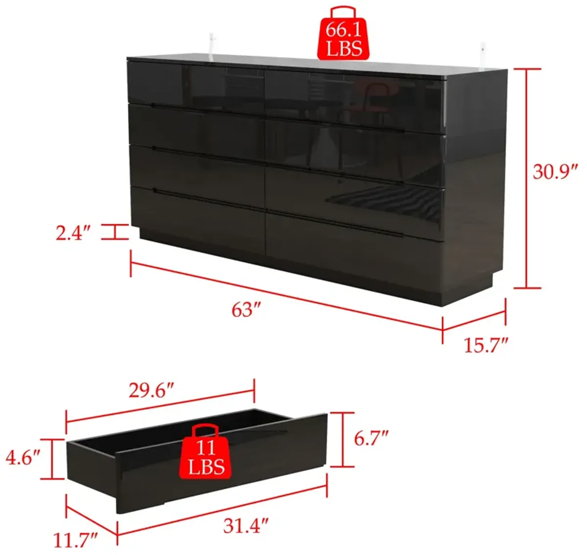 Black 8-Drawer 63 in. W Wood Double Dresser Chest of Drawers Bedroom Storage Organizer in With High Gloss and LED Lights