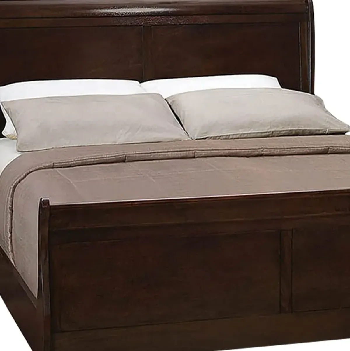 Wooden Eastern King Bed with Curved Panel Headboard, Brown-Benzara