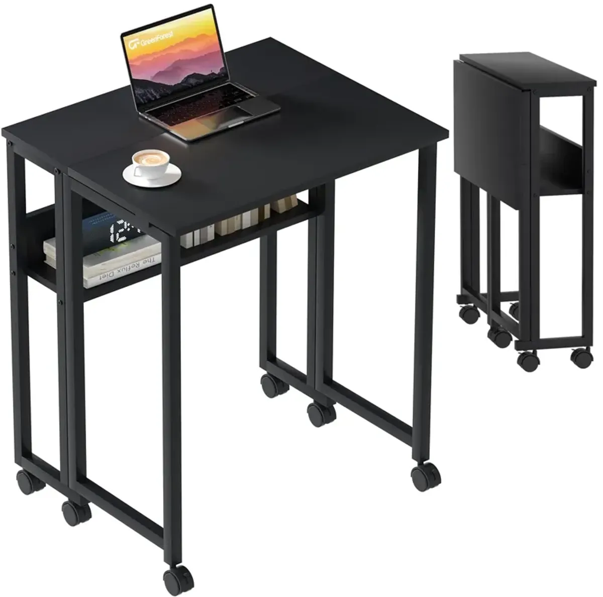 GreenForest Folding Desk Small Foldable Table with Storage Shelf,24.8 inch Rolling Computer Desk with Wheels Space Saving for Be