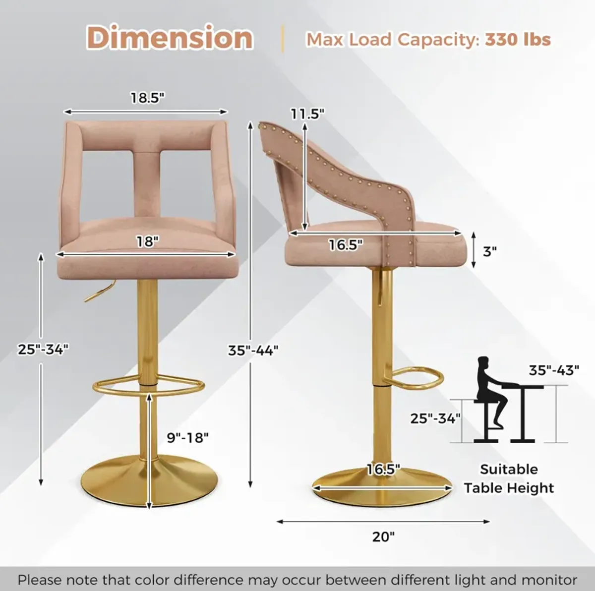 Set of 2 Bar Chairs with Footrest 2-Layer Electroplated Metal Base for Enhanced Durability