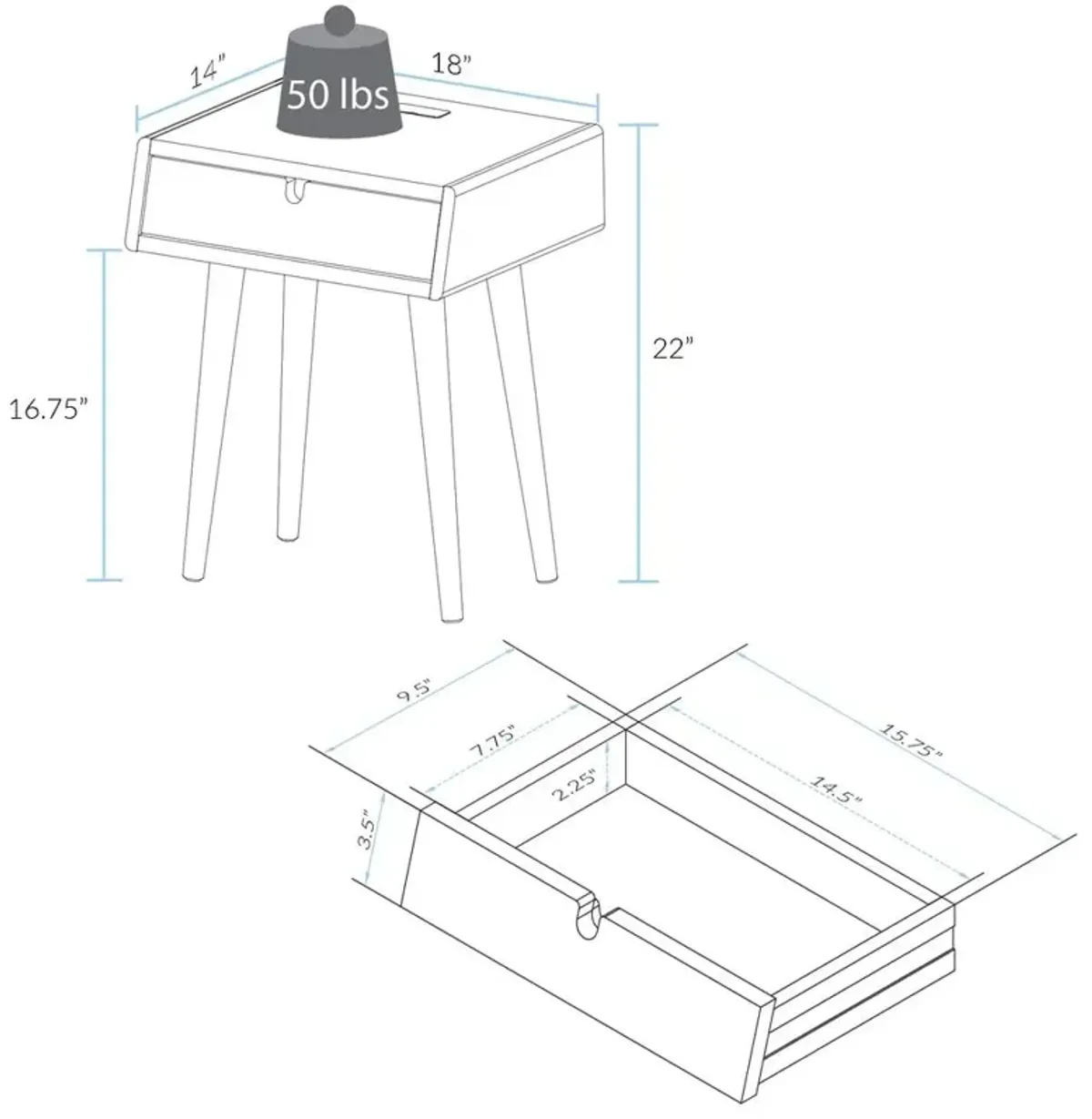 Freedom Nightstand/End Table with USB Ports Made of Solid American Oak