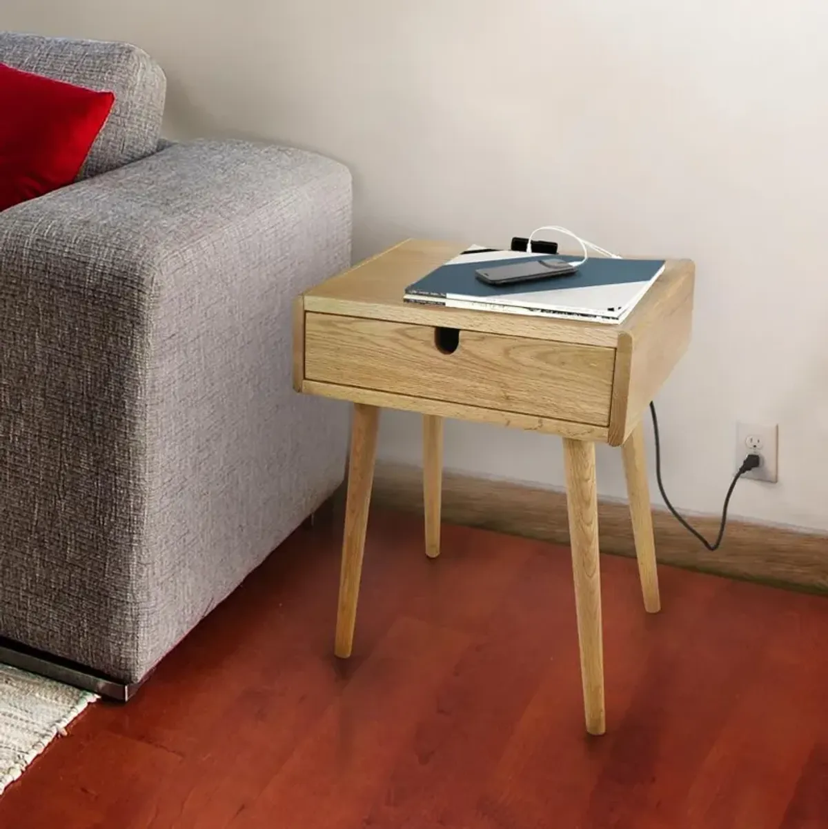 Freedom Nightstand/End Table with USB Ports Made of Solid American Oak