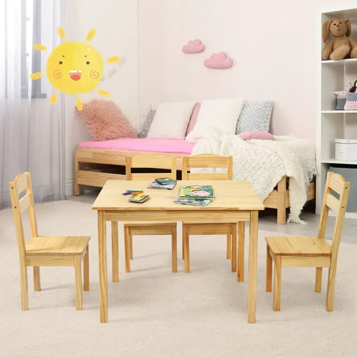 5 pcs Kids Pine Wood Table Chair Set