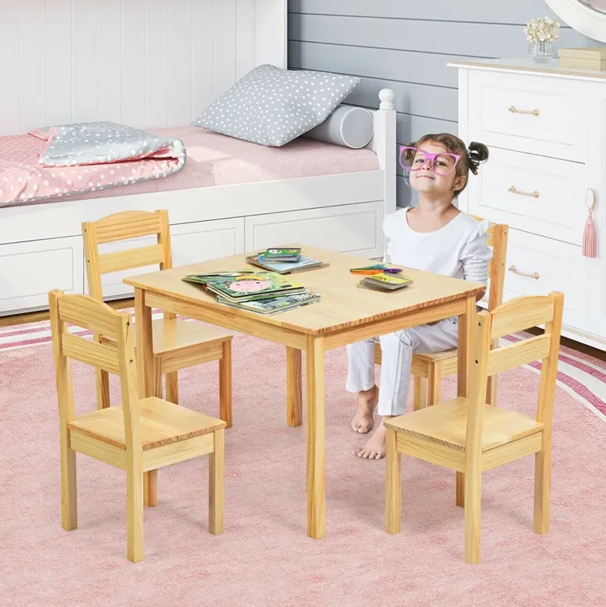 5 pcs Kids Pine Wood Table Chair Set