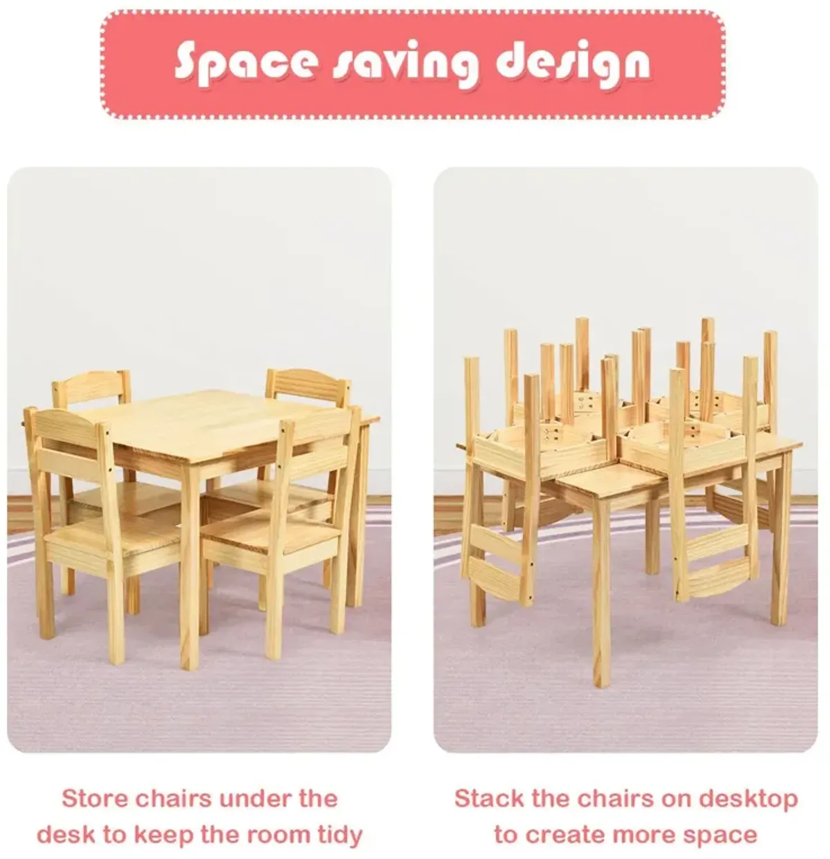 5 pcs Kids Pine Wood Table Chair Set