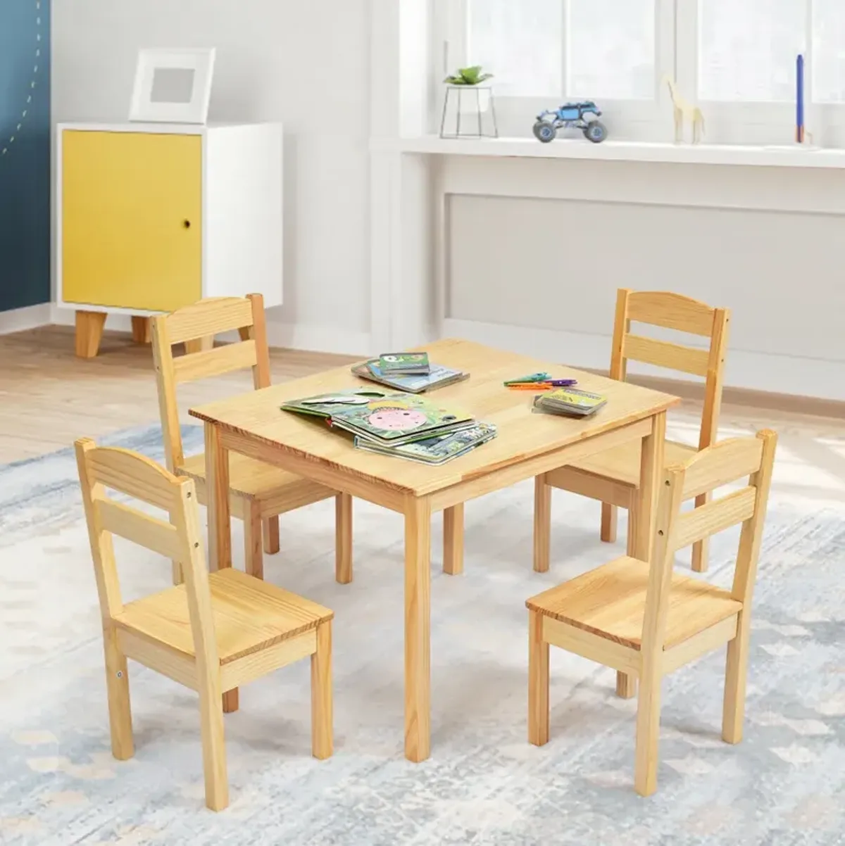 5 pcs Kids Pine Wood Table Chair Set