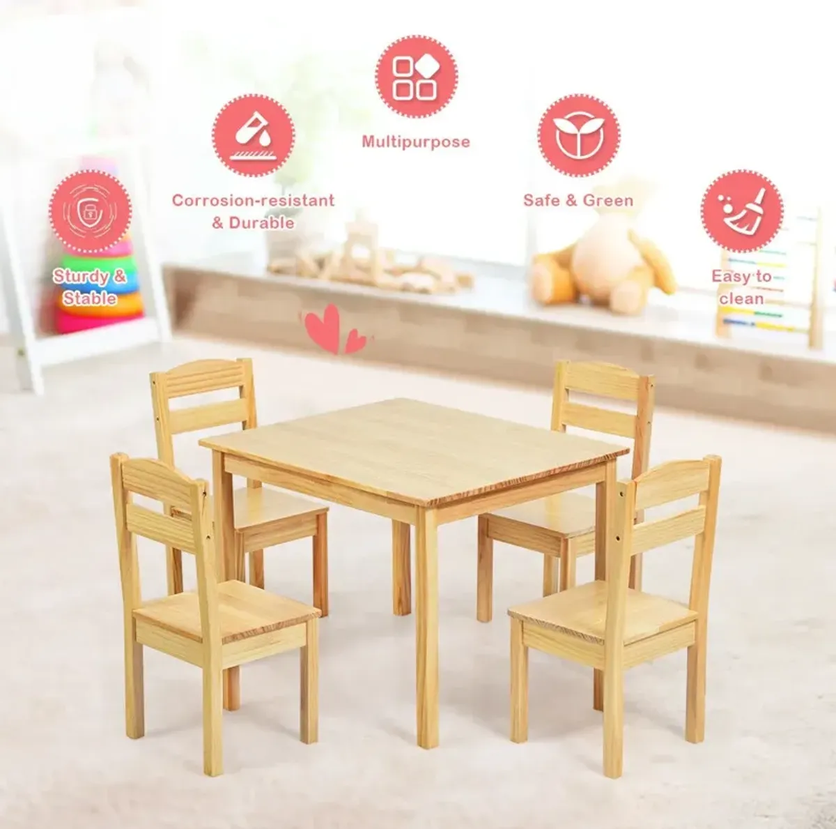 5 pcs Kids Pine Wood Table Chair Set