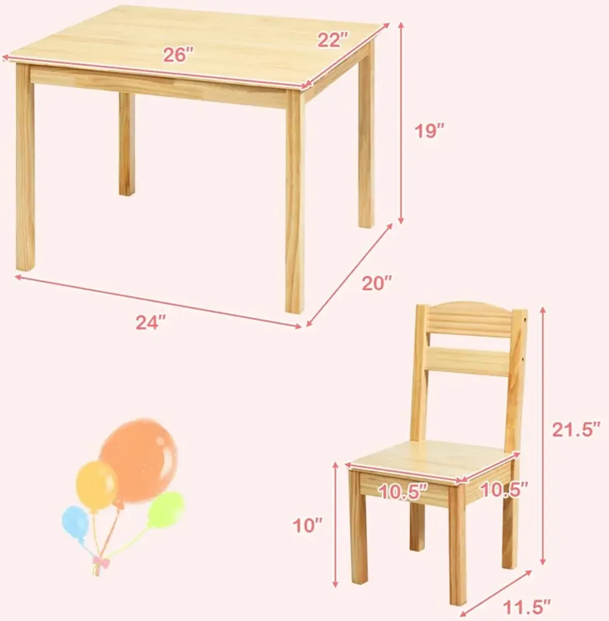 5 pcs Kids Pine Wood Table Chair Set