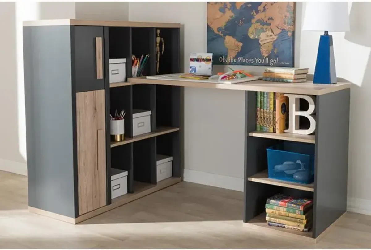 Dark Grey and Light Brown Two-Tone Study Desk with Built-in Shelving Unit