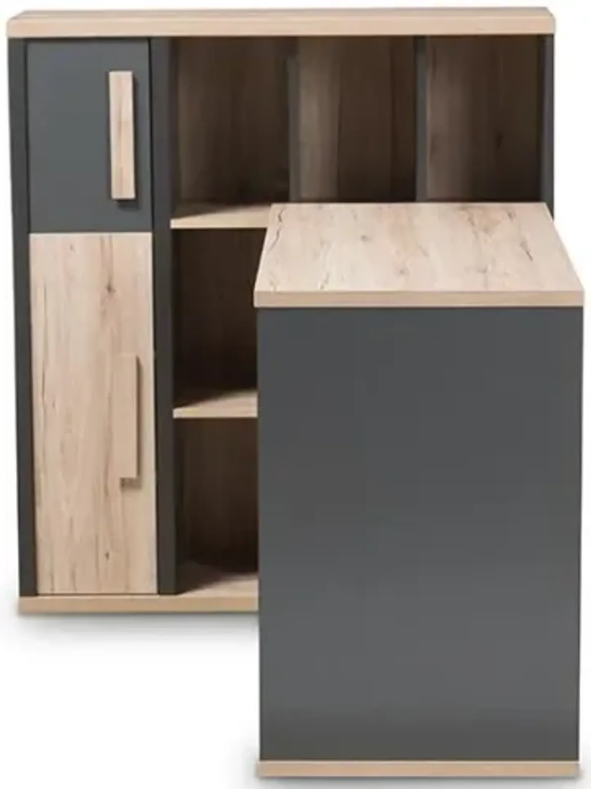 Dark Grey and Light Brown Two-Tone Study Desk with Built-in Shelving Unit